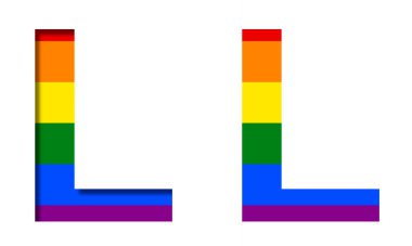 LGBT bayrağının arka planında L harfi, hacimsel ve düz. Klasik LGBT topluluk gökkuşağı sembolü, dekoratif alfabe veya renkli yazı tipi.