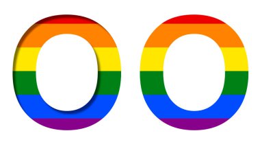 LGBT bayrağının arka planında 0 harfi, hacim ve düz. Klasik LGBT topluluk gökkuşağı sembolü, dekoratif alfabe veya renkli yazı tipi.