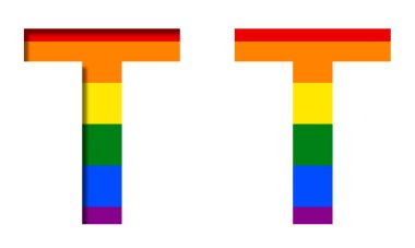 LGBT bayrağının arka planındaki T harfi, hacimli ve düz. Klasik LGBT topluluk gökkuşağı sembolü, dekoratif alfabe veya renkli yazı tipi.