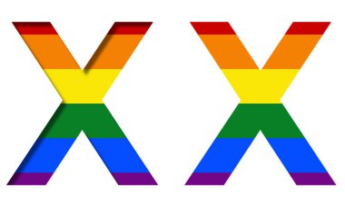 LGBT bayrağının arka planındaki X harfi, hacimli ve düz. Klasik LGBT topluluk gökkuşağı sembolü, dekoratif alfabe veya renkli yazı tipi.