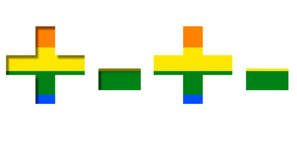 Lgbtのフラグ ボリュームとフラットの背景にプラスとマイナスの兆候 古典的なLgbt虹のシンボル 装飾的なアルファベットまたは色のフォント — ストック写真
