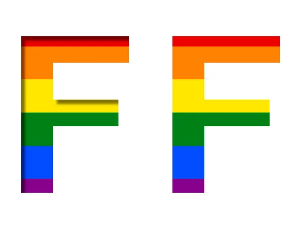 字母F在Lgbt旗帜的背景 体积和平面 典型的Lgbt社区彩虹符号 装饰字母表或彩色字体 — 图库照片