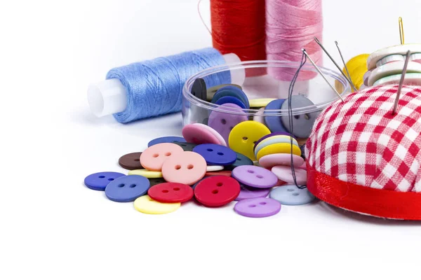 Sewing Supplies Needles Thread Buttons White Home Craft Hobby Concept — Stock Photo, Image