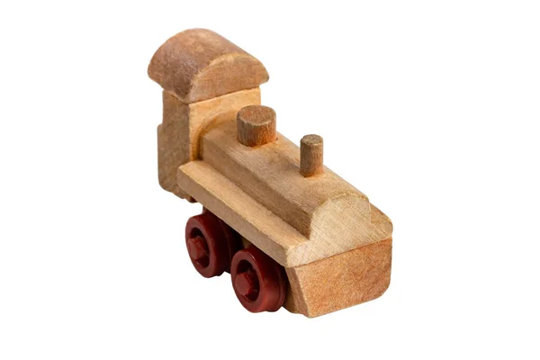 木制玩具蒸汽机车在白色隔离状态下的特写 — 图库照片