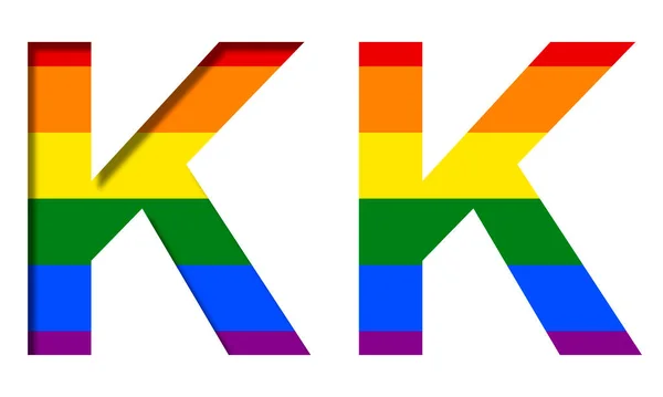 字母K后面的Lgbt旗 体积和平面 典型的Lgbt社区彩虹符号 装饰字母表或彩色字体 — 图库照片