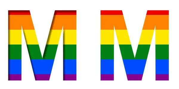 字母M后面的Lgbt旗 体积和平面 典型的Lgbt社区彩虹符号 装饰字母表或彩色字体 — 图库照片
