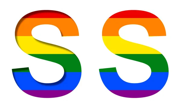 字母S后面的Lgbt旗 体积和平面 典型的Lgbt社区彩虹符号 装饰字母表或彩色字体 — 图库照片