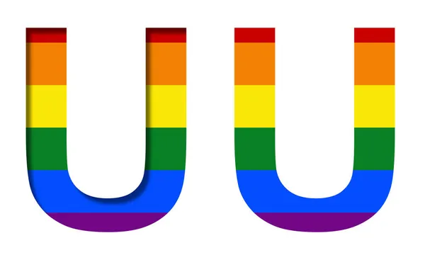 字母U后面的Lgbt旗 体积和平面 典型的Lgbt社区彩虹符号 装饰字母表或彩色字体 — 图库照片
