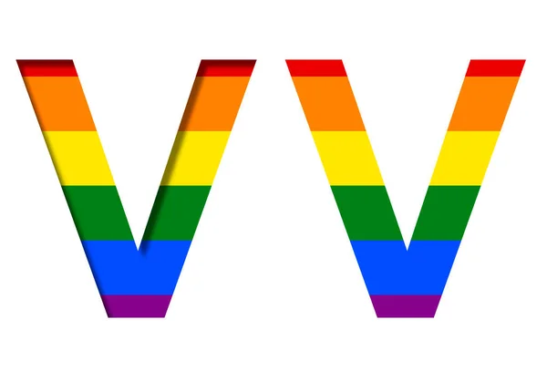 字母V后面的Lgbt旗 体积和平面 典型的Lgbt社区彩虹符号 装饰字母表或彩色字体 — 图库照片