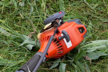 Bahçe budama benzini motoru yeşil biçilmiş çimlere yakın.