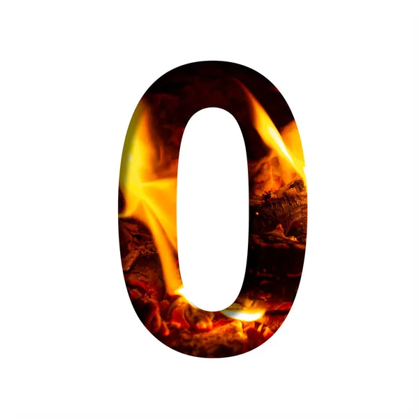 燃烧的数字为零 0从背景在壁炉或火炉的白纸上 装饰字母 — 图库照片