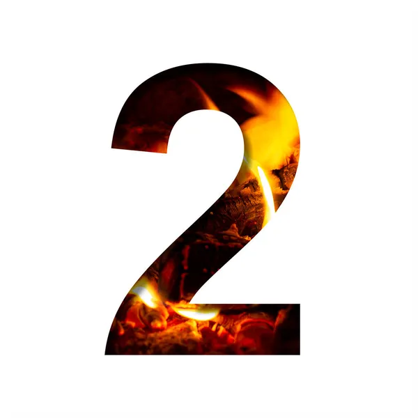 火焰二号 白色纸 壁炉或火炉中的火势背景 装饰字母表 — 图库照片