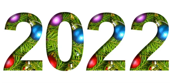 Nuevas Letras 2022 Años Sobre Fondo Árbol Navidad Con Bolas — Foto de Stock