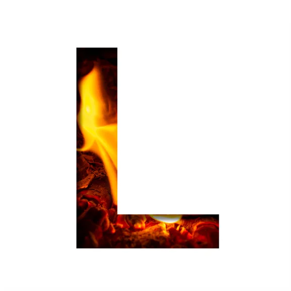 Fiery Letter White Paper Background Fire Fireplace Stove Decorative Alphabet — Stock Photo, Image