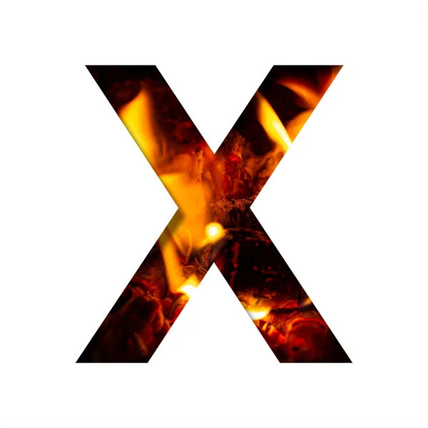 火红的字母X 白纸写的 背景是壁炉或火炉中的火 装饰字母 — 图库照片