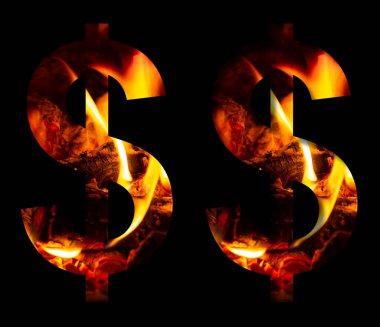 Bir dolarlık iş sembolü, alfabenin dekoratif imzalar için çift versiyonu olan siyah arka planda ateşten ve yanan ahşaptan yapılmıştır..