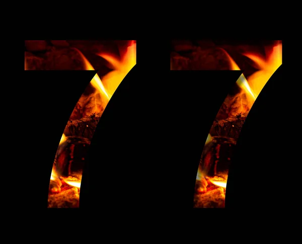 Numero Sette Fatto Fuoco Legna Ardere Sfondo Nero Una Doppia — Foto Stock