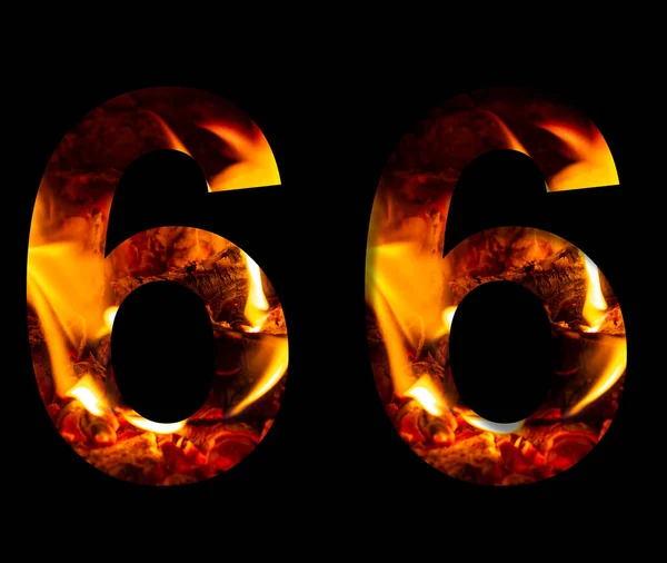 Die Zahl Sechs Aus Feuer Und Brennendem Holz Auf Schwarzem — Stockfoto