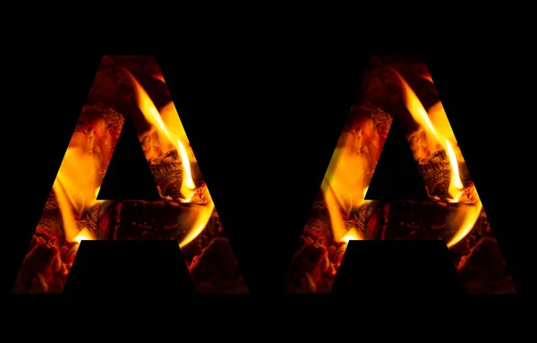 Буква Огня Горящего Дерева Черном Фоне Двойная Версия Алфавита Декоративных — стоковое фото