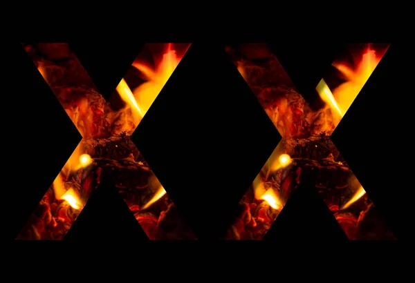 Буква Зроблена Вогню Спаленої Деревини Чорному Тлі Подвійна Версія Алфавіту — стокове фото