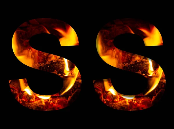 Letter Made Fire Burning Wood Black Background Double Version Alphabet — Stock Photo, Image