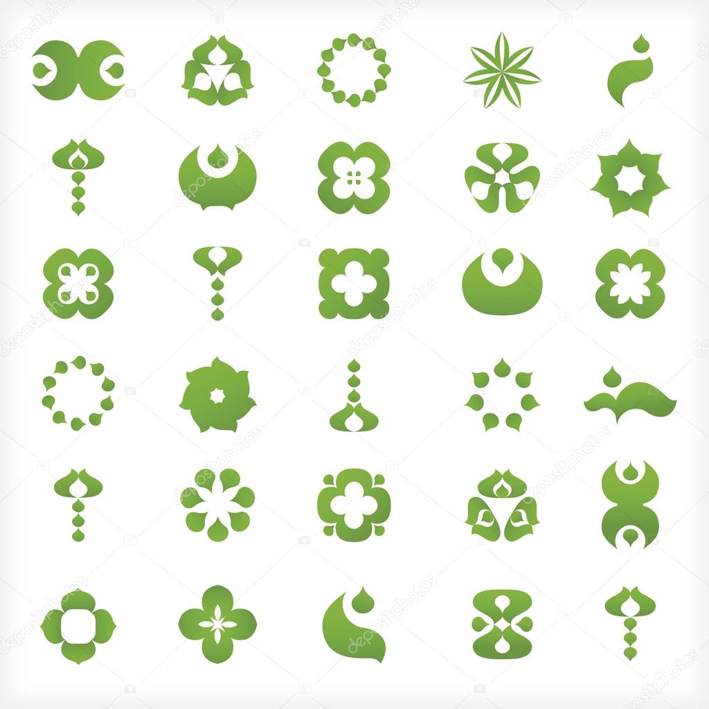 30 icons, with various leaf and drop shapes, symbols, and abstract shapes.