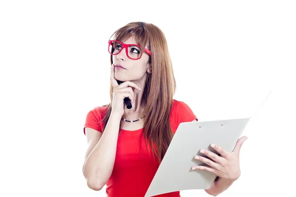 Chica inteligente con gafas y carpeta —  Fotos de Stock