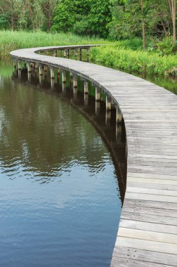 Nehir boyunca tahta köprü. Doğal arkaplan