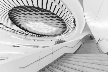 Modern mimarinin iç görünümü. Soyut arkaplan oluşturuluyor