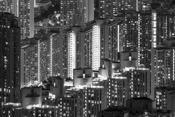 Flygfoto Trångt Bostadshus Hongkong Stad Natten — Stockfoto