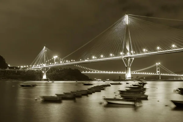 Paisaje Idílico Puente Bahía Ciudad Hong Kong Por Noche —  Fotos de Stock