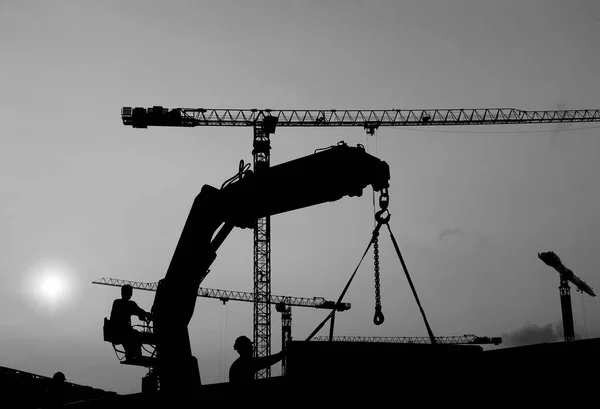 Silhouette Worker Crane Construction Site — стоковое фото