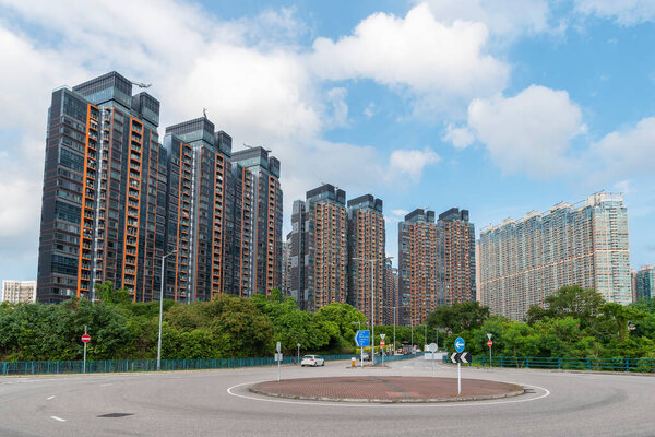 High rise residential building and road in Hong Kong city