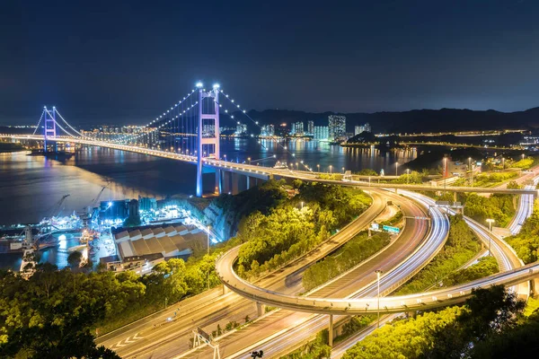 stock image Tsing Ma Bridge in Hong Kong city at night