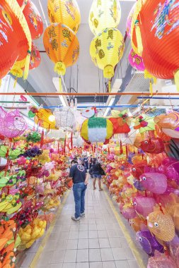Hong Kong, China - September 16, 2021 : People buying Chinese traditional lantern to celebrate the Mid-autumn festival