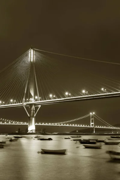 Idyllische Landschaft Aus Brücke Und Bucht Hongkong Bei Nacht — Stockfoto