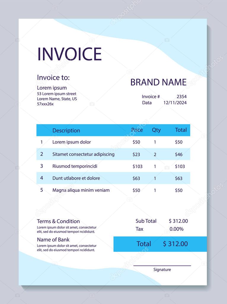 Mental health invoice template. Psychological wellness. Psychiatry receipt and tax. Vector layouts for budget. Bill form business invoice accounting