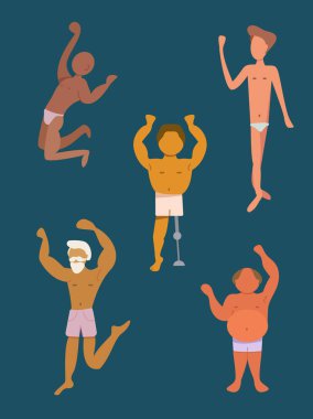 Farklı milletlerden erkek karakterler, ten rengi, vücut büyüklüğü ve çeşitliliği. Yüzme şortu giymiş bir grup adamın düz bir temsili. Kendini kabul etmek.