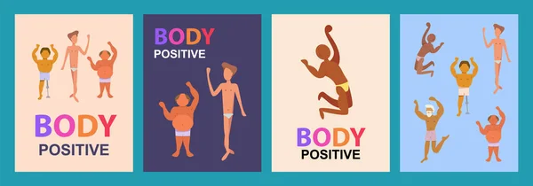 Male body positive vertical cards with love to own figure, self acceptance isolated vector illustration. Group of difference and diversity man — Stock vektor