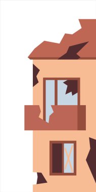 Eski harabe, terk edilmiş ve çökmüş ofis binaları. Apartman daireleri savaş ya da deprem yüzünden hasar görmüş. Kırık kasaba binaları vektör seti. Yıkımdan sonra terk edilmiş binanın görüntüsü