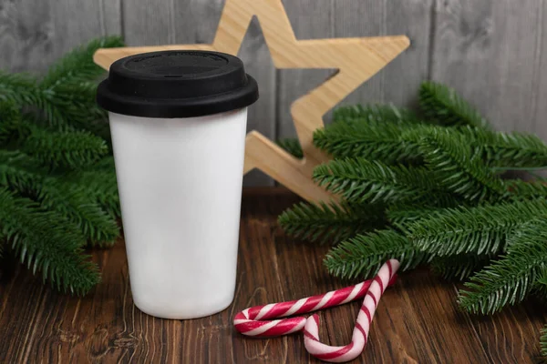White Takeaway Coffee Cup Free Space Your Design Lettering Christmas — Stock Photo, Image