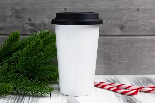 White Coffee Cup Sublimation Christmas Tree Candy Canes White Wooden — Stock Photo, Image