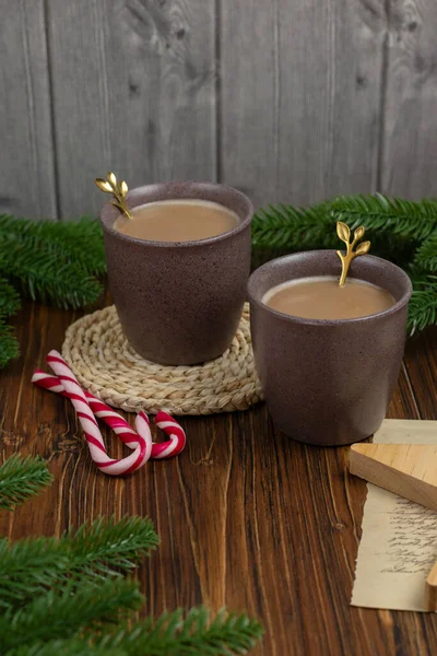 Christmas Cozy Photo Two Trendy Cups Coffee Wooden Background Decorations — Stock Photo, Image