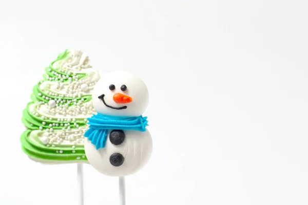 Confectionery Sugar Tree Snowman Decorating Cakes White Background Copy Space — Stock Photo, Image