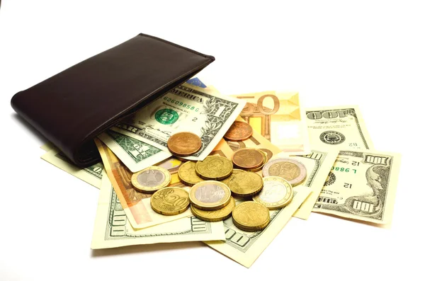 Avro banknotları ve bozuk paralarla dolu çanta