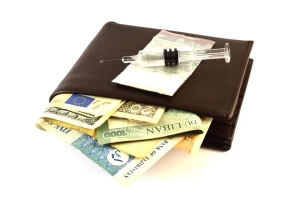 Drugs and money in purse — Stock Photo, Image
