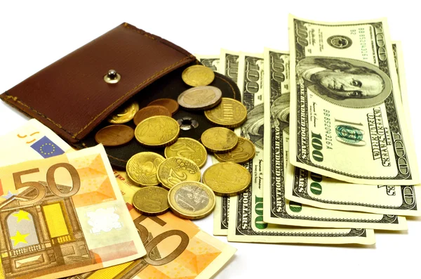 Coins, banknotes and purse — Stock Photo, Image