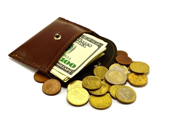 Monedas, billetes y monedero —  Fotos de Stock