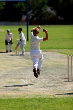 Young man bowling cricket ball