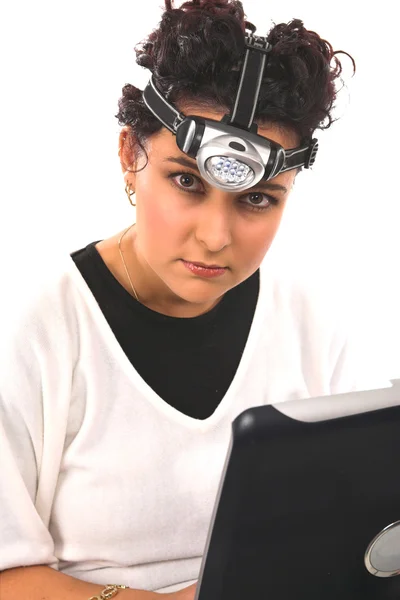 Brunette with headlamp — Stock Photo, Image